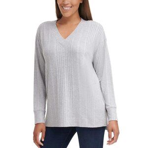 Andrew Marc Grey Ribbed V-Neck Top, Small NWT